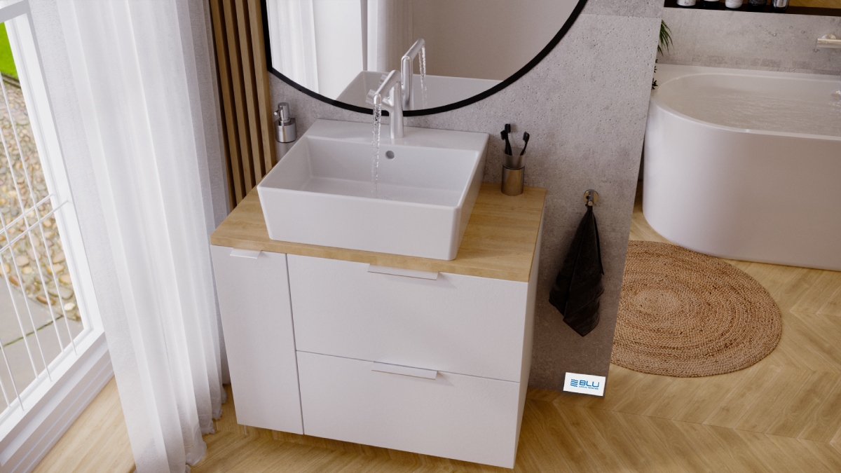 Skandynawska łazienka z meblami modułowymi.